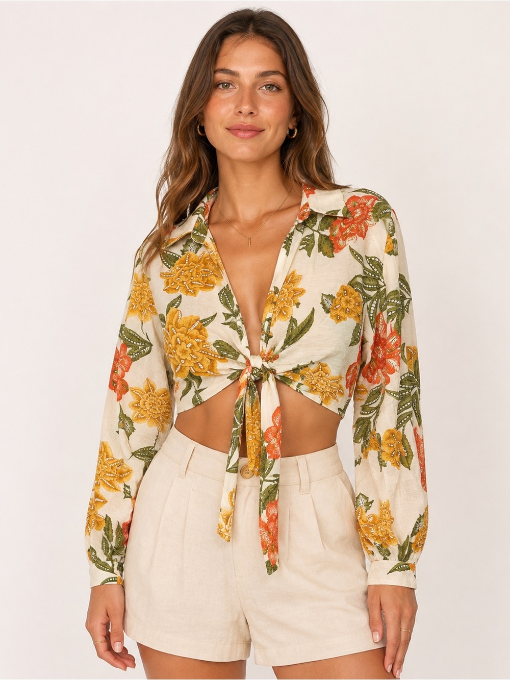 Timing Floral Tie-Front Blouse in Cream with Yellow & Orange Flowers